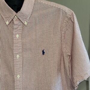 Ralph Lauren Shirt Adult XL Red Striped Seersucker Short Sleeve Polo Pony Mens